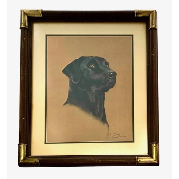 Dog Portrait Black Labrador Print Framed Signed Bob Carney Vintage Gift Decor